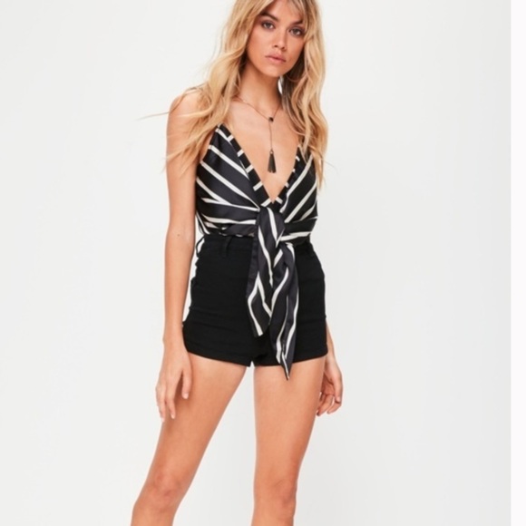Missguided Tops - Missguided black and white Stripped satin bodysuit